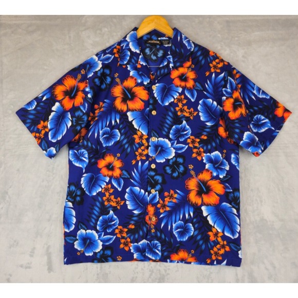 Vintage Odo Men's Medium Blue Orange‎ Floral Hibiscus Hawaiian Camp Shirt - Picture 1 of 4
